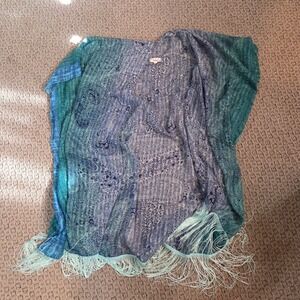 Janice One Size Blue Green Paisley Print Kimono‎ Cardigan Cover Up Fringe